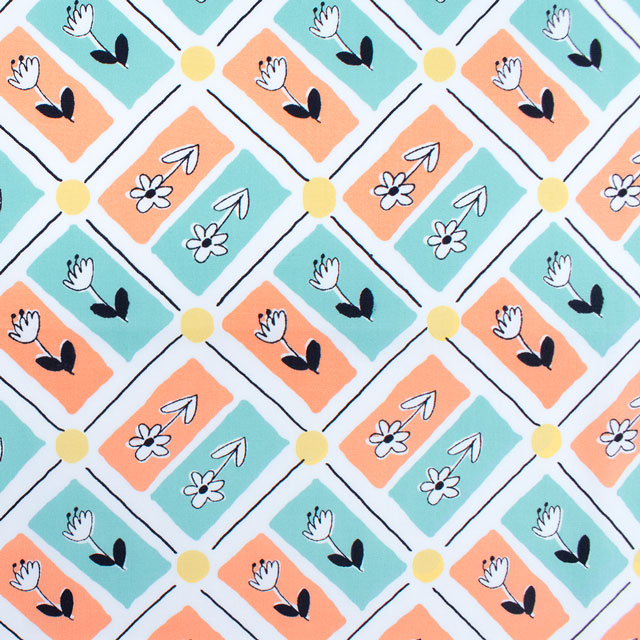 生地 FiN tex-フィンテックス- タイル花柄 約140cm幅×50cmカット(OKF-028) 1OR.オレンジ/ミント 09Ae06_